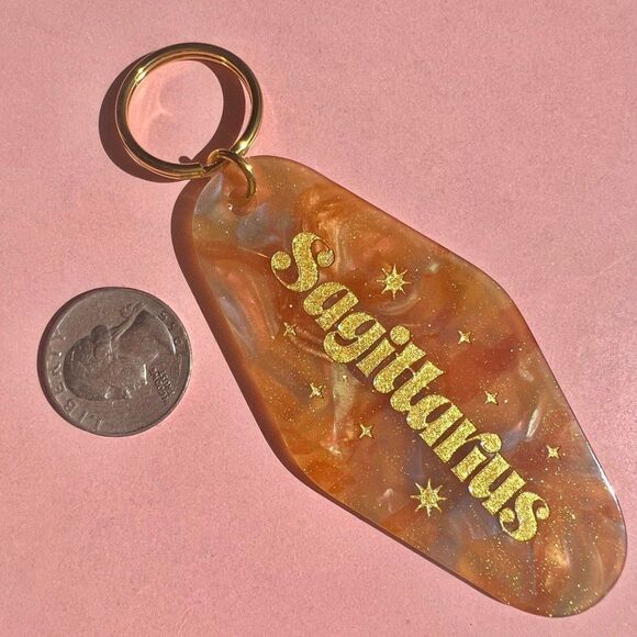 Sagittarius Horoscope Glitter Engraved Gold Keychain Orange Creamsicle Ombre - Picture 3 of 5